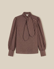 Myla Tie Neck Gingham Top, Brown (BROWN), large