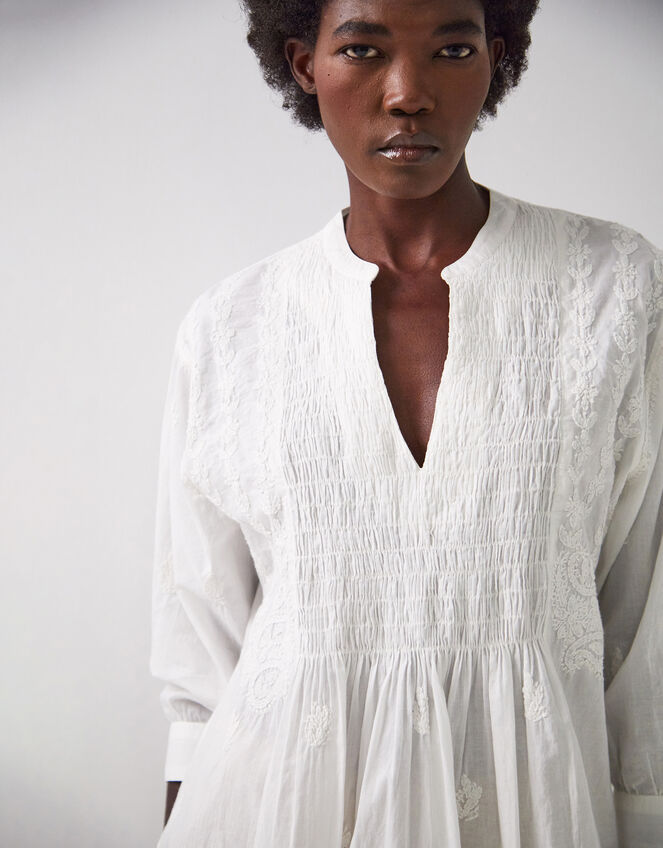 East Donnie Smocked Embroidered Top, White (WHITE), large