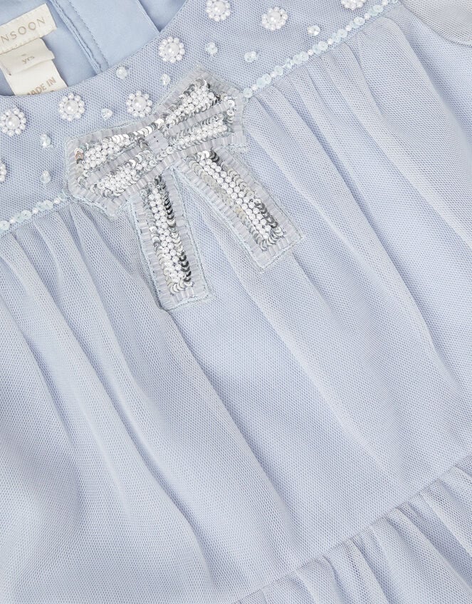 Long Sleeve Bow Beaded Ruffle Dress, Blue (BLUE), large