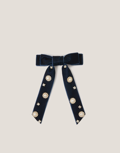 Jewel Velvet Ribbon Bow Hair Clip, , large