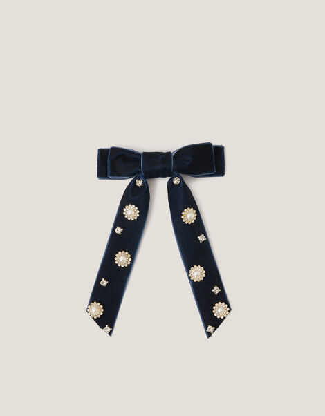 Jewel Velvet Ribbon Bow Hair Clip, , large