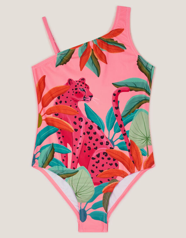Leopard Print Asymmetrical Swimsuit, Pink (PINK), large