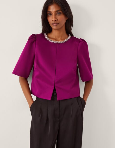 Saira Embellished Short Sleeve Satin Jacket, Pink (MAGENTA), large