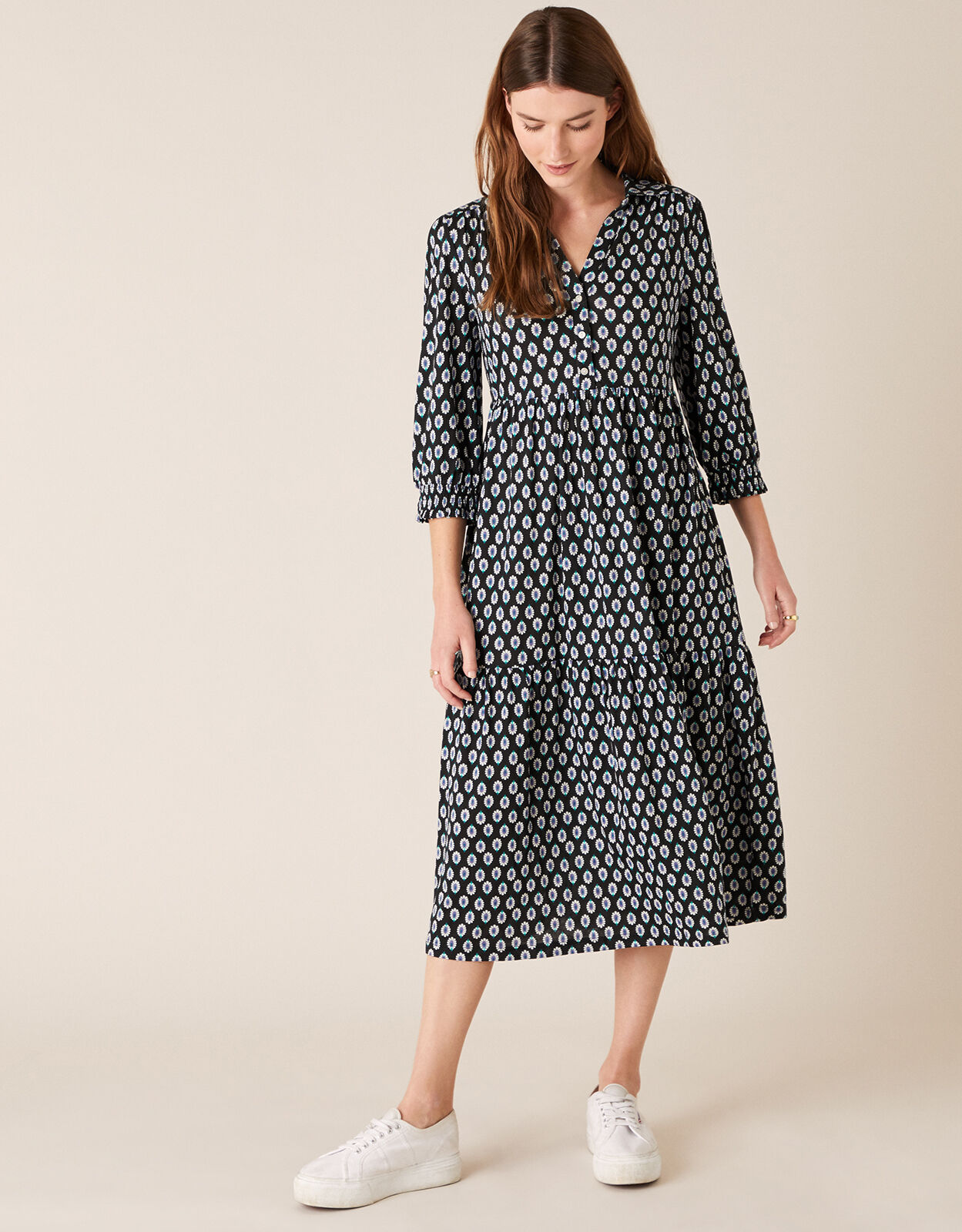 Peacock Print Shirt Dress with Organic Cotton Black Day Dresses
