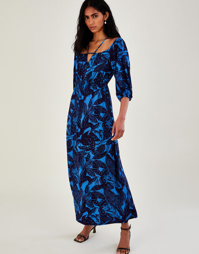 Bardot Leaf Print Jersey Maxi Dress Blue, Blue (BLUE), large