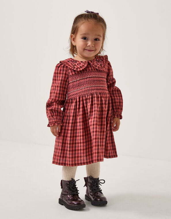 Baby Embroidered Check Long Sleeve Dress, Brown (BROWN), large