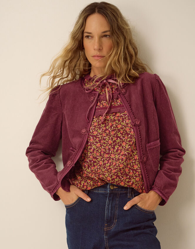 Fay Flower Button Corduroy Jacket, Red (BURGUNDY), large