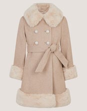 Faux Fur Collar Coat, Camel (OATMEAL), large
