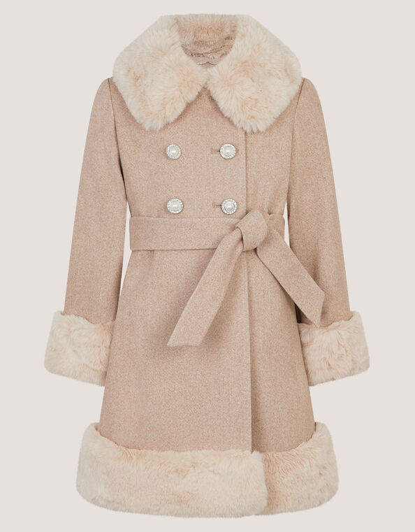 Faux Fur Collar Coat, Camel (OATMEAL), large