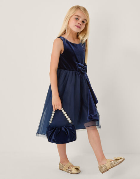 Velvet Bow Party Dress, Blue (NAVY), large