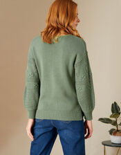 Stitch and Bobble Detailed Jumper in Recycled Cotton, Green (KHAKI), large