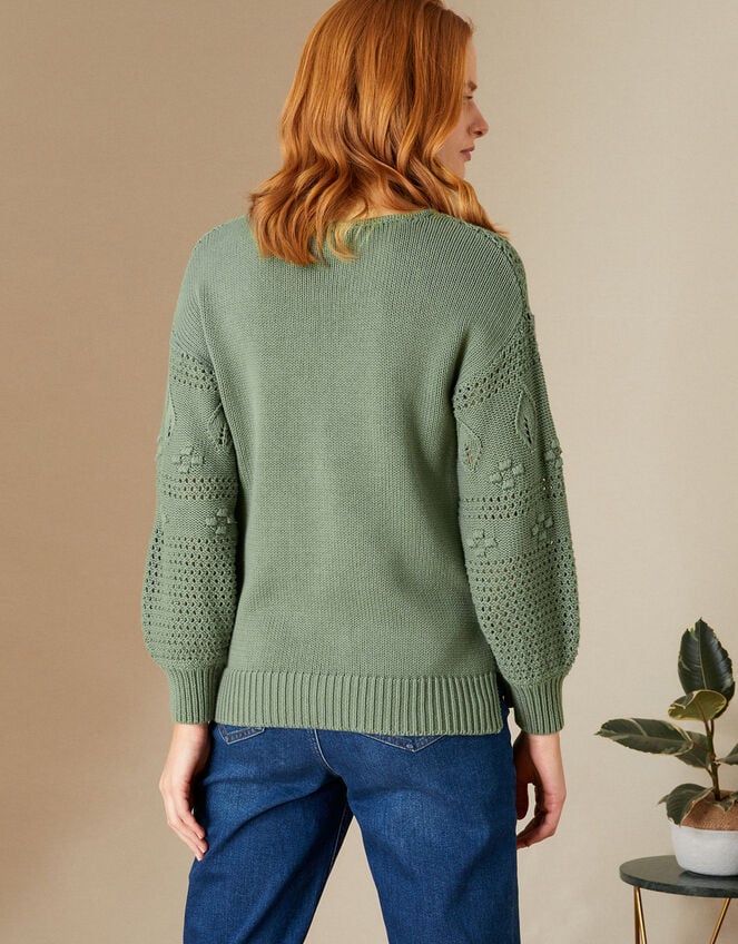 Stitch and Bobble Detailed Jumper in Recycled Cotton, Green (KHAKI), large