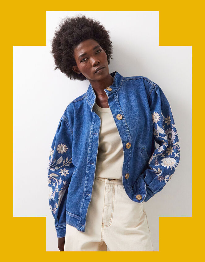 East Floral Embroidered Denim Jacket, Blue (BLUE), large