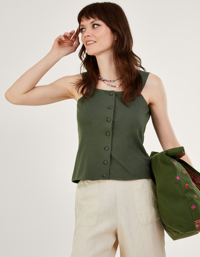 Button-Through Cami Top, Green (KHAKI), large