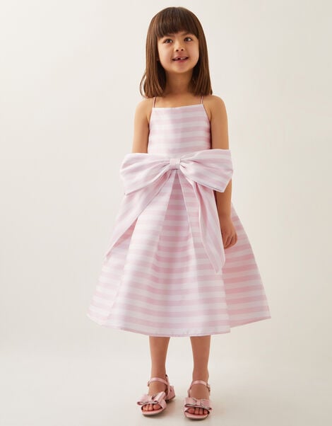 Stripe Bow Twill Party Dress, Pink (PINK), large