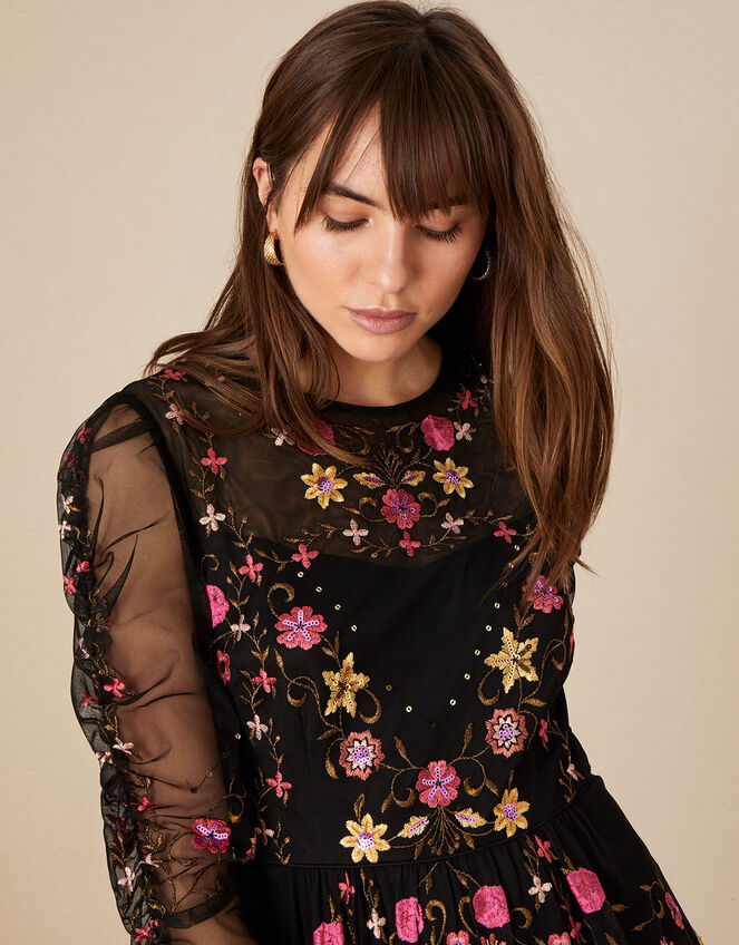 Marcia Embroidered Midi Dress, Black (BLACK), large