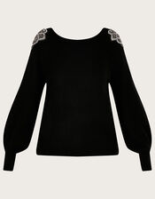 Embellished Shoulder Scoop Neck Jumper, Black (BLACK), large