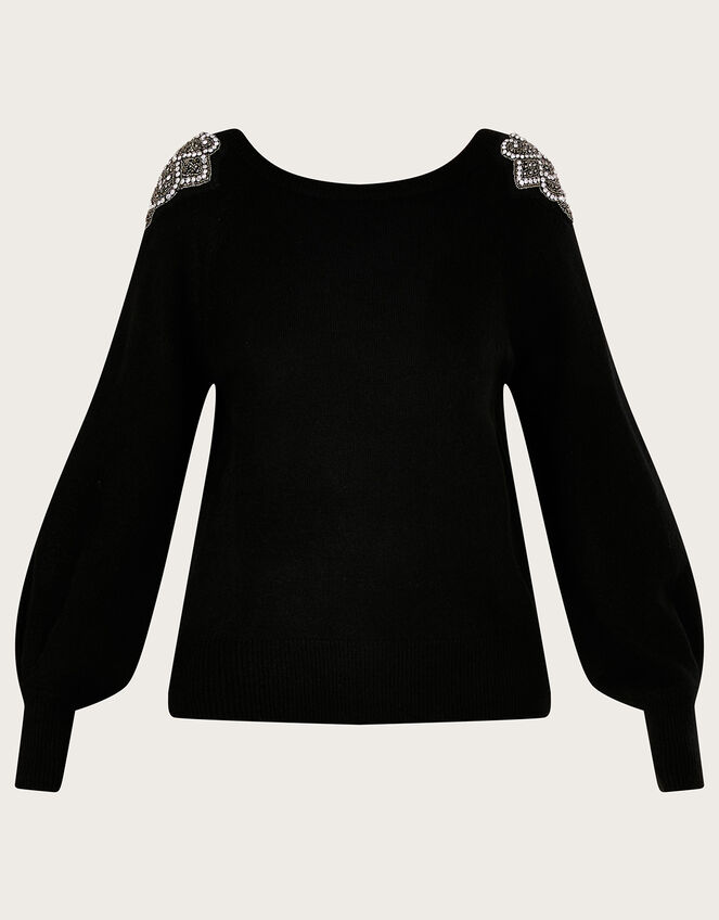 Embellished Shoulder Scoop Neck Jumper, Black (BLACK), large