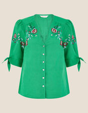 Floral Embroidered Top in Linen Blend, Green (GREEN), large