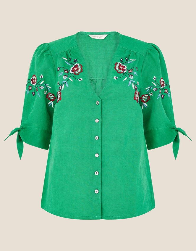 Floral Embroidered Top in Linen Blend, Green (GREEN), large