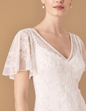 Kitty Embellished Flutter Sleeve Bridal Dress, Ivory (IVORY), large