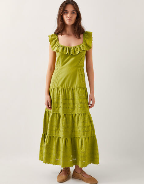 Lucy Broderie Frill Midi Dress, Green (GREEN), large