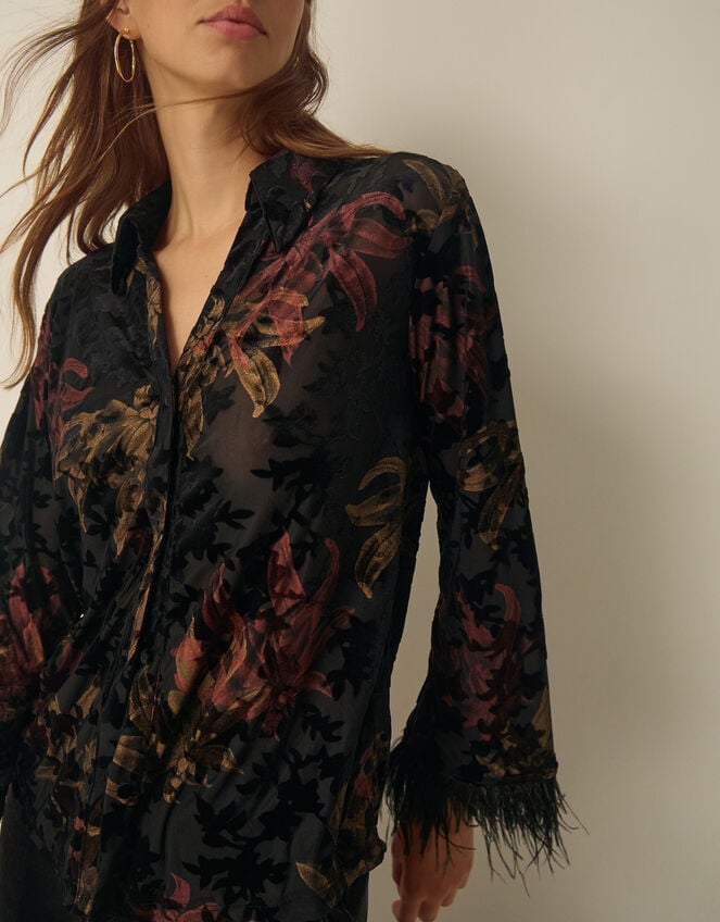 Dora Faux Feather Floral Devor&eacute; Shirt, Black (BLACK), large