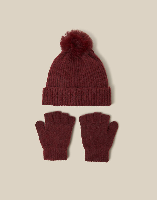 Velvet Bow Bobble Hat & Gloves Set, Red (BURGUNDY), large