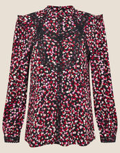 Spot Print Lace Trim Long Sleeve Top, Pink (PINK), large