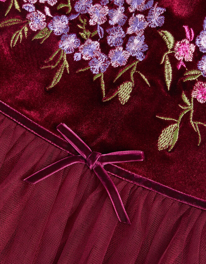 Ruby Floral Embroidered Velvet Party Dress, Red (BURGUNDY), large