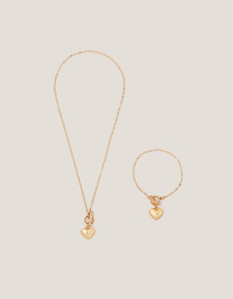 Diamanté Heart Necklace & Bracelet Set, , large