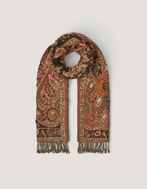 Ingrid Embroidered Paisley Print Scarf, , large