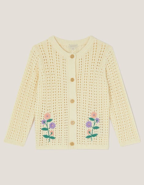Floral Embroidered Crochet Cardigan, Ivory (IVORY), large