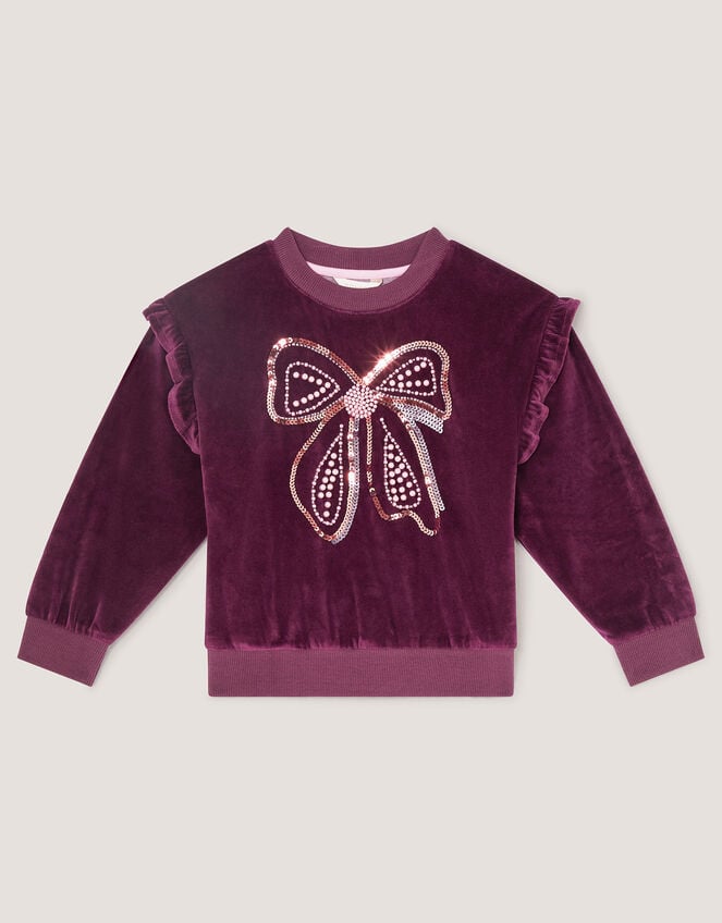 Bow Embellished Velour Sweatshirt, Brown (BROWN), large