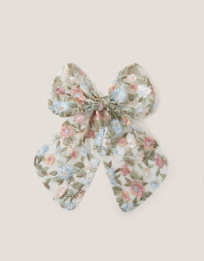 Azalea Floral Embroidered Bow Hair Clip, , large
