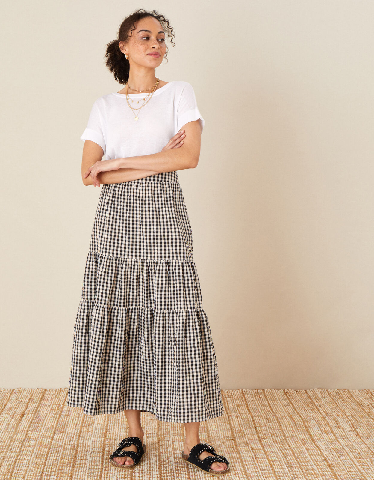 Gingham Tiered Skirt Natural