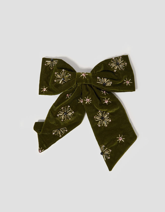 Embellished Velvet Bow Barrette Hair Clip, , large