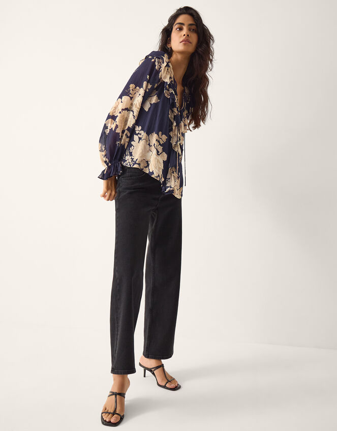 Sasha Floral Print Ruffle Blouse, Blue (NAVY), large