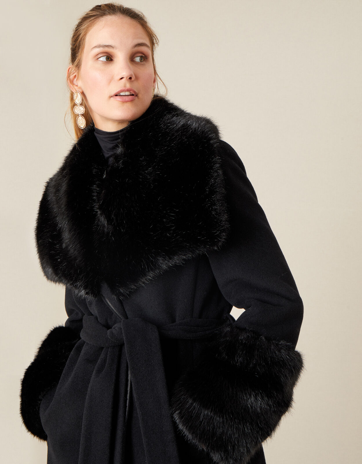 Sadie Faux Fur Trim Wrap Coat Black Women s Coats Monsoon Global