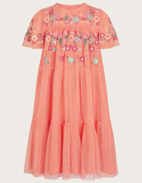 Embroidered Tulle Dress, Orange (CORAL), large