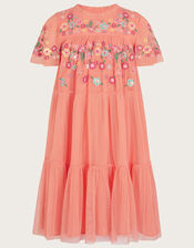 Embroidered Tulle Dress, Orange (CORAL), large