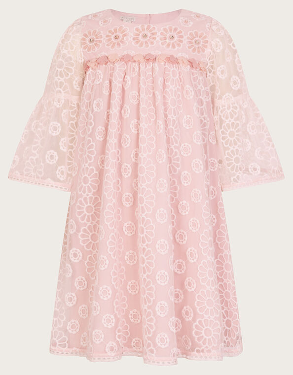 Floral Embroidered Flute Sleeve Dress, Pink (PINK), large