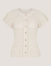 Indi Short Sleeve Floral Pointelle Cardigan, Ivory (IVORY), large