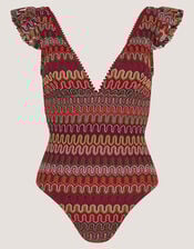 Zaria Plunge Crochet Ruffle Swimsuit, Red (BURGUNDY), large