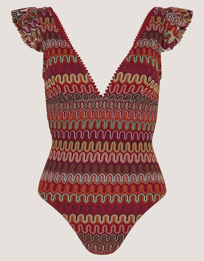 Zaria Plunge Crochet Ruffle Swimsuit, Red (BURGUNDY), large