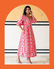 India & Mills Lottie Poppy Print Midi Dress, Pink (PINK), large