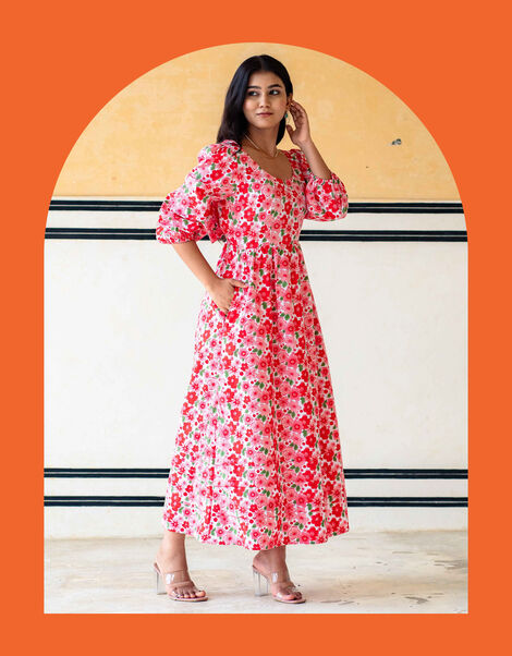India & Mills Lottie Poppy Print Midi Dress, Pink (PINK), large