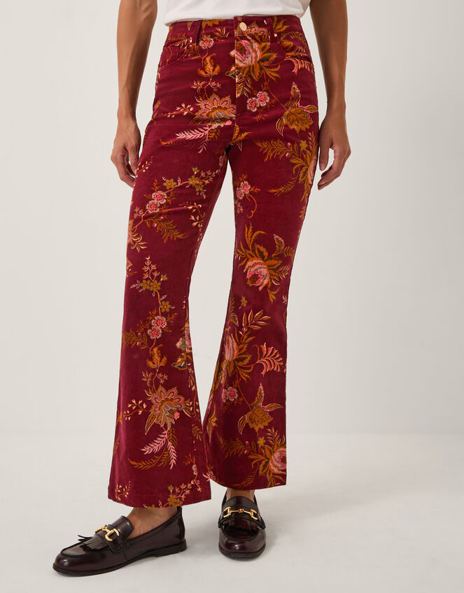 Yasmina Floral Corduroy Flare Trousers, Red (CHERRY), large