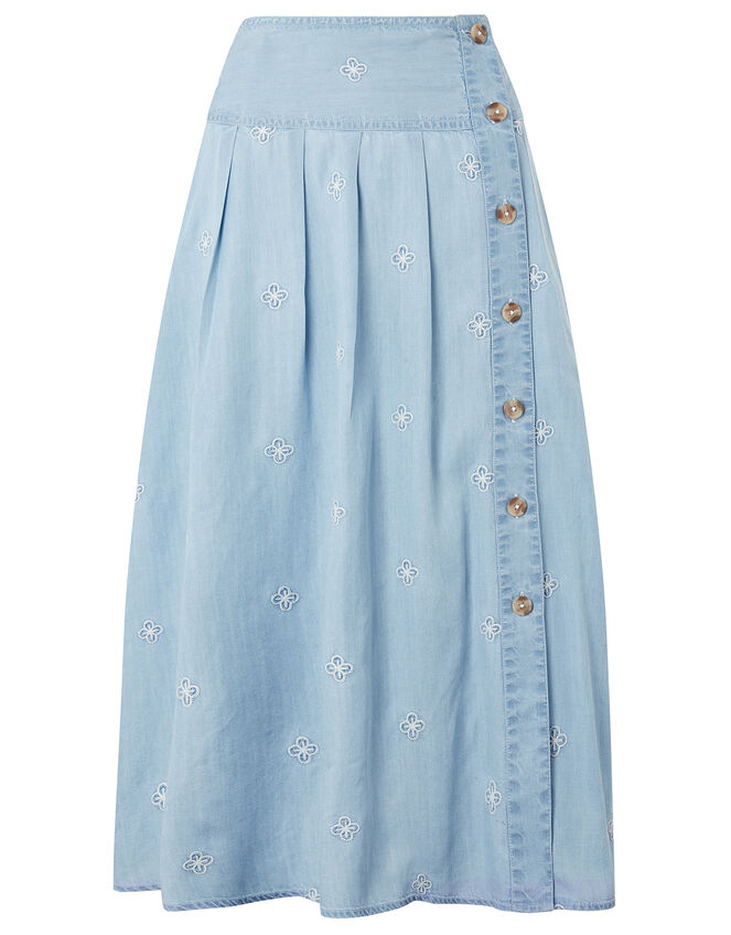 Elsie Floral Embroidered Skirt in LENZING™ TENCEL™, Blue (DENIM BLUE), large