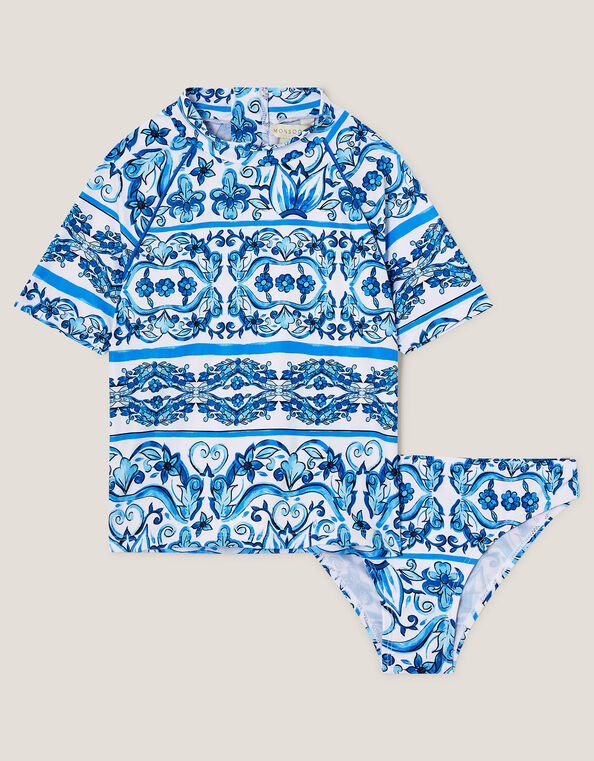 Floral Print UPF50+ Rash Vest and Swim Briefs Set, Blue (BLUE), large